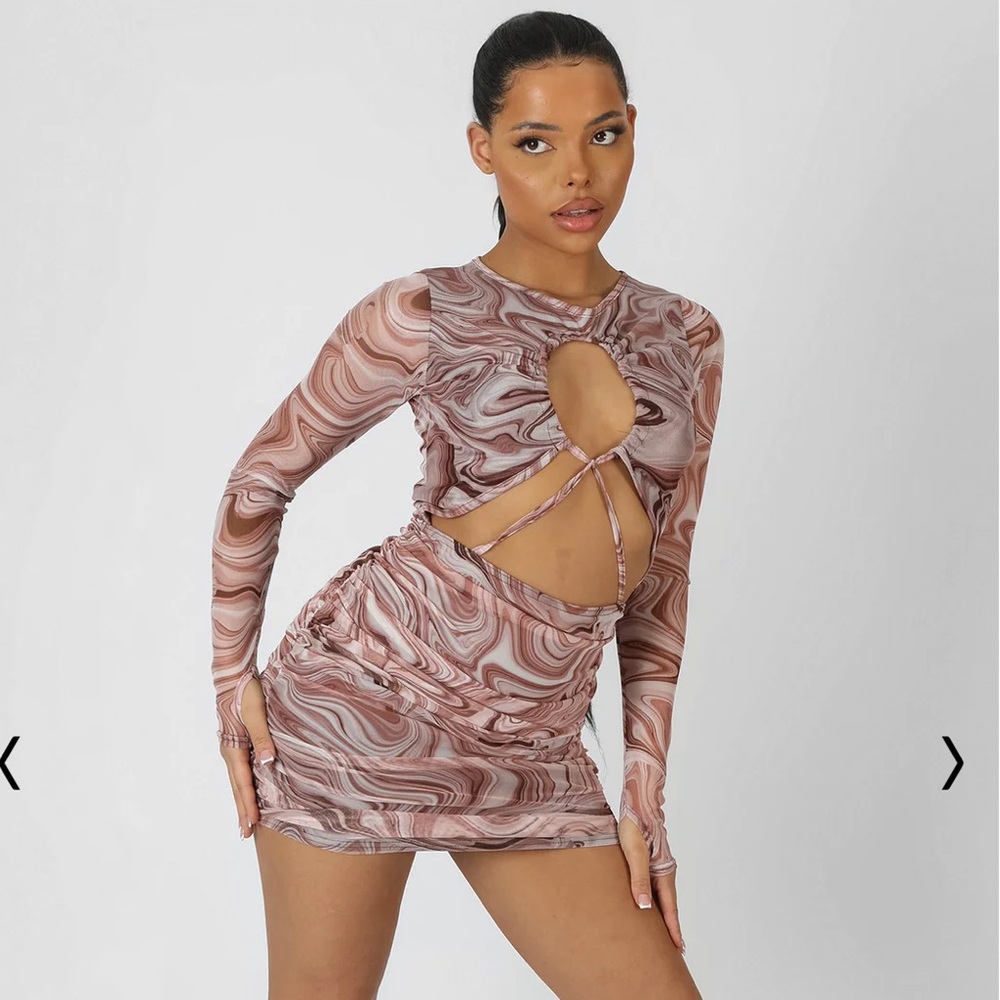 Printed mesh cut out ruched mini dress